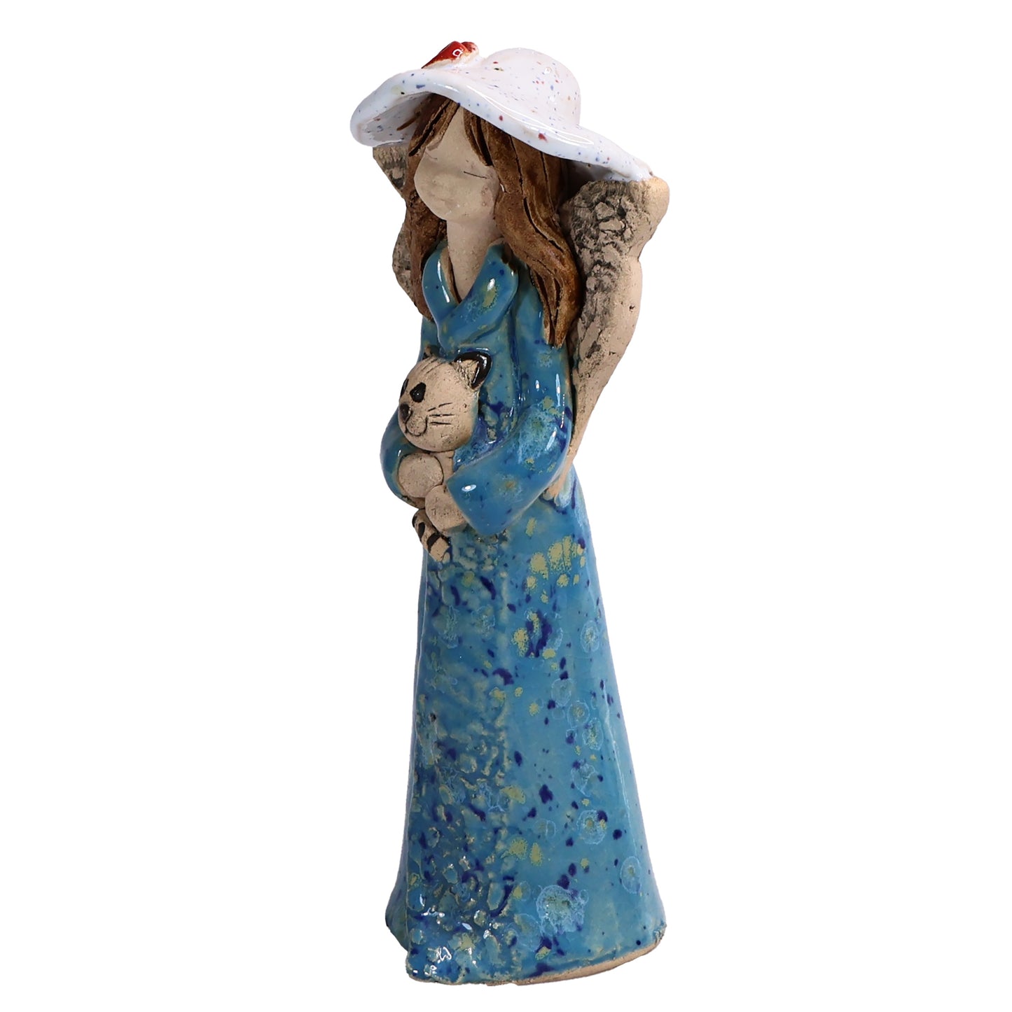Handmade Ceramic Angel in Hat Holding Cat