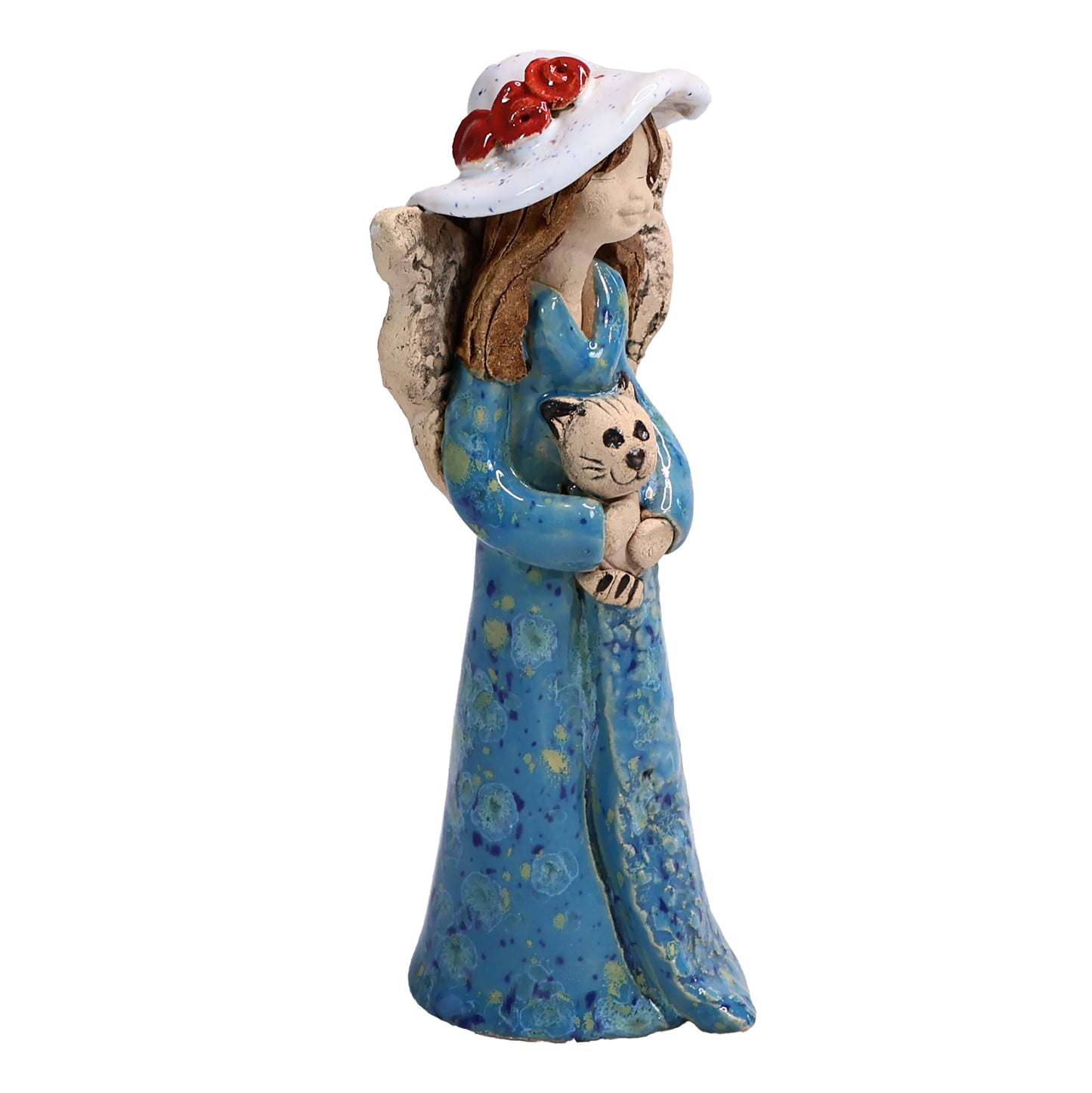 Handmade Ceramic Angel in Hat Holding Cat
