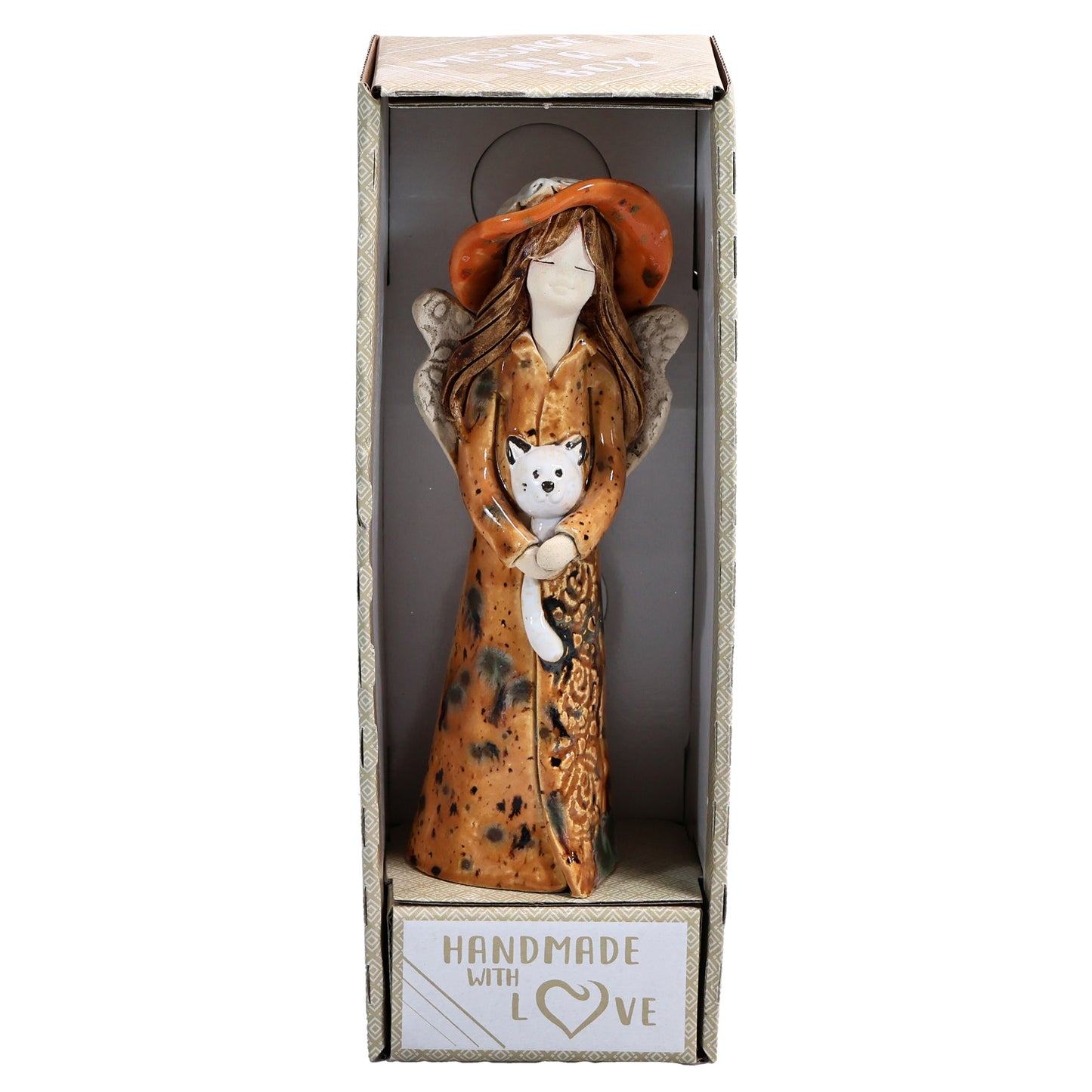 Handmade Ceramic Angel in Hat Holding Cat