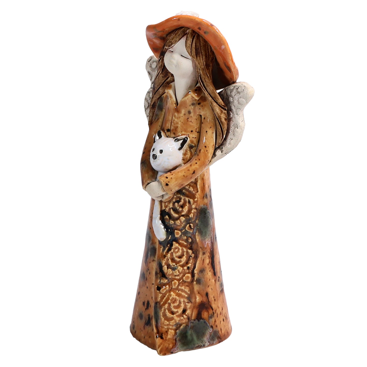 Handmade Ceramic Angel in Hat Holding Cat