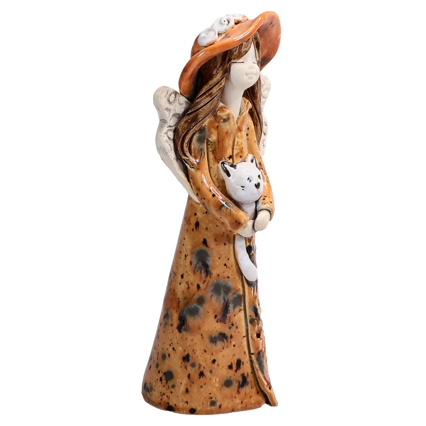 Handmade Ceramic Angel in Hat Holding Cat