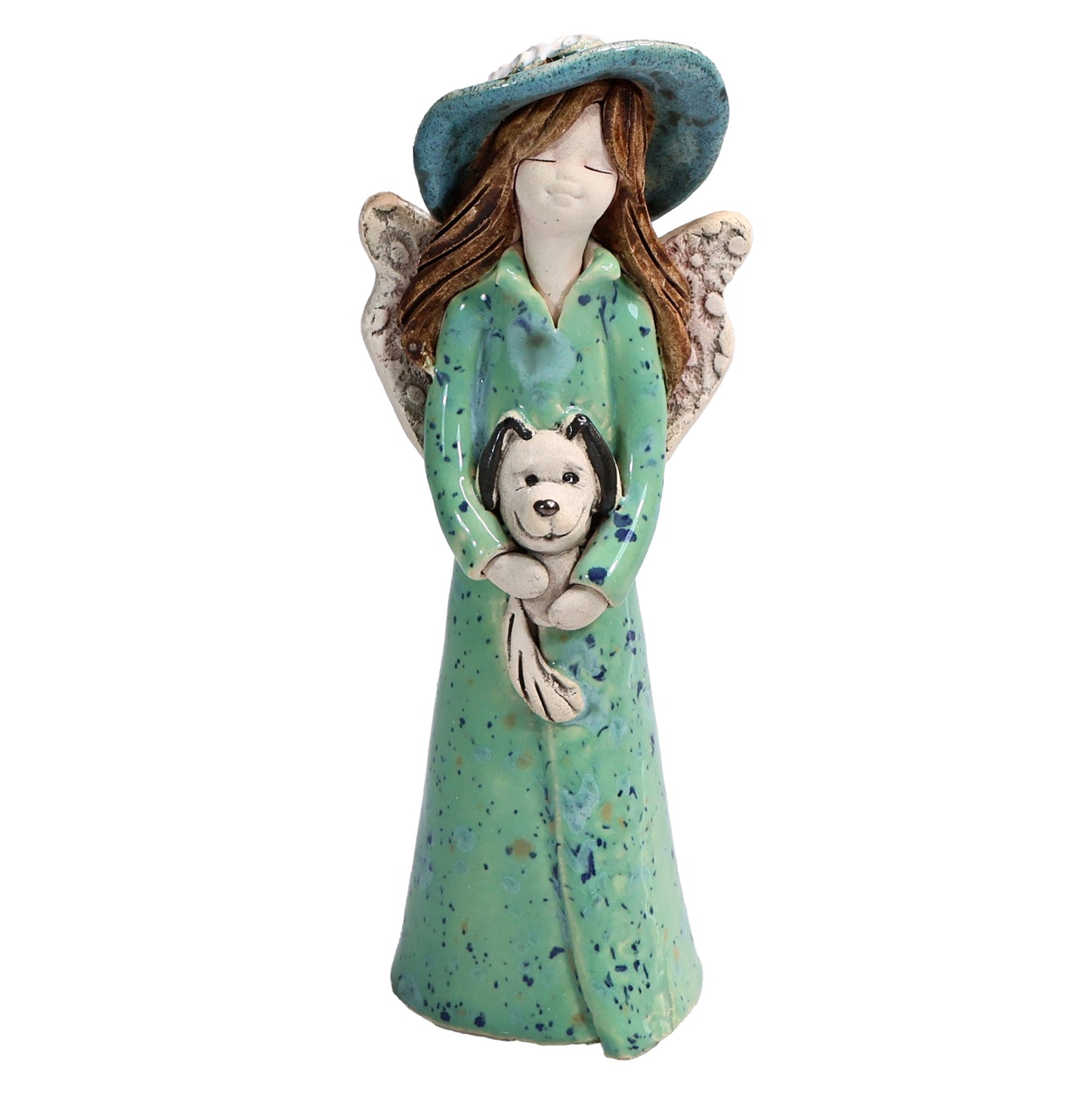 Handmade Ceramic Angel in Hat Holding Dog