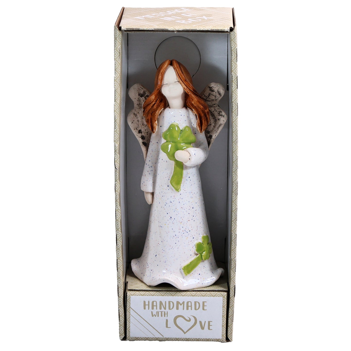 Handmade White Ceramic Angel holding Green Lucky Four Leaf Clover
