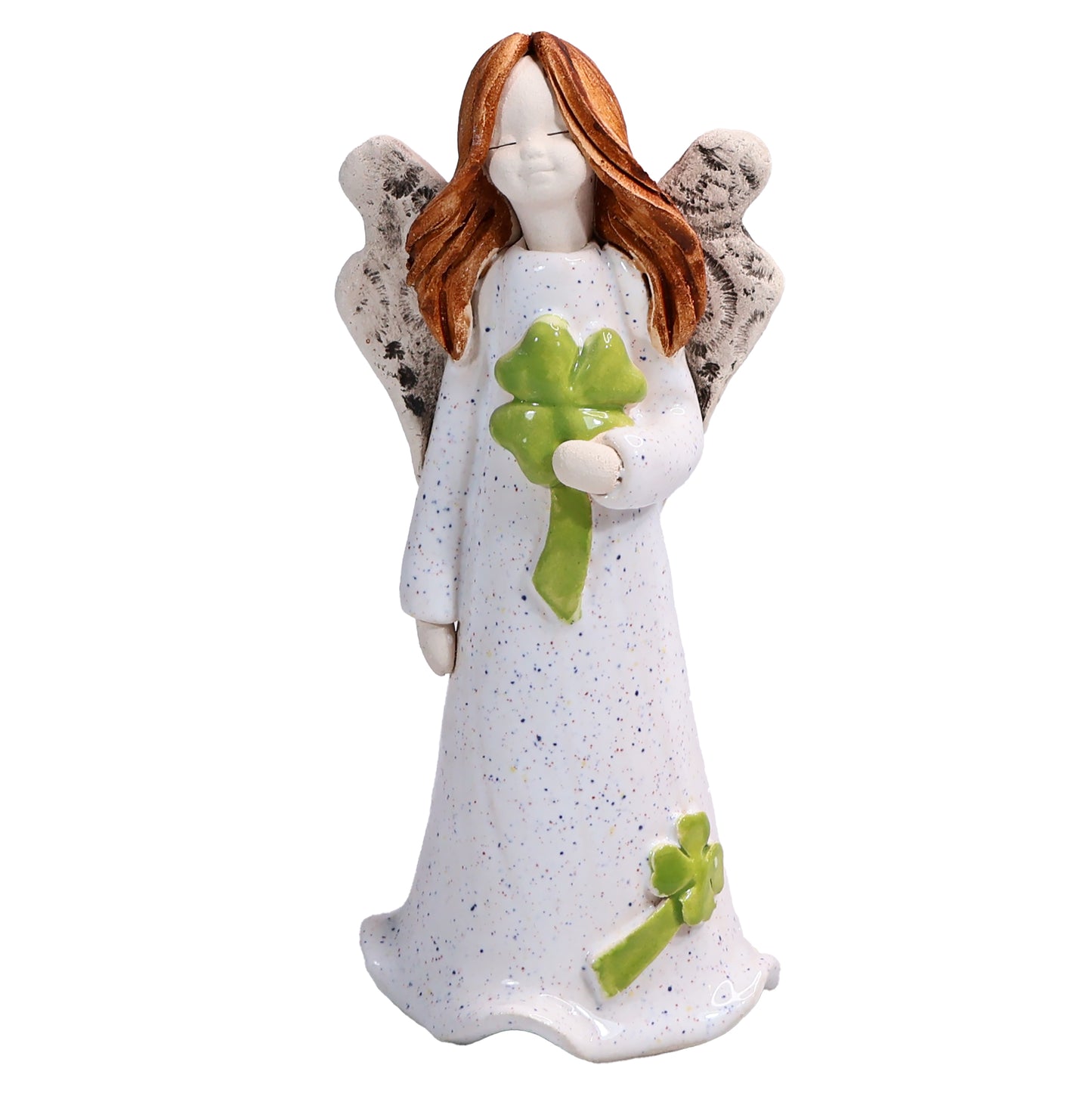 Handmade White Ceramic Angel holding Green Lucky Four Leaf Clover