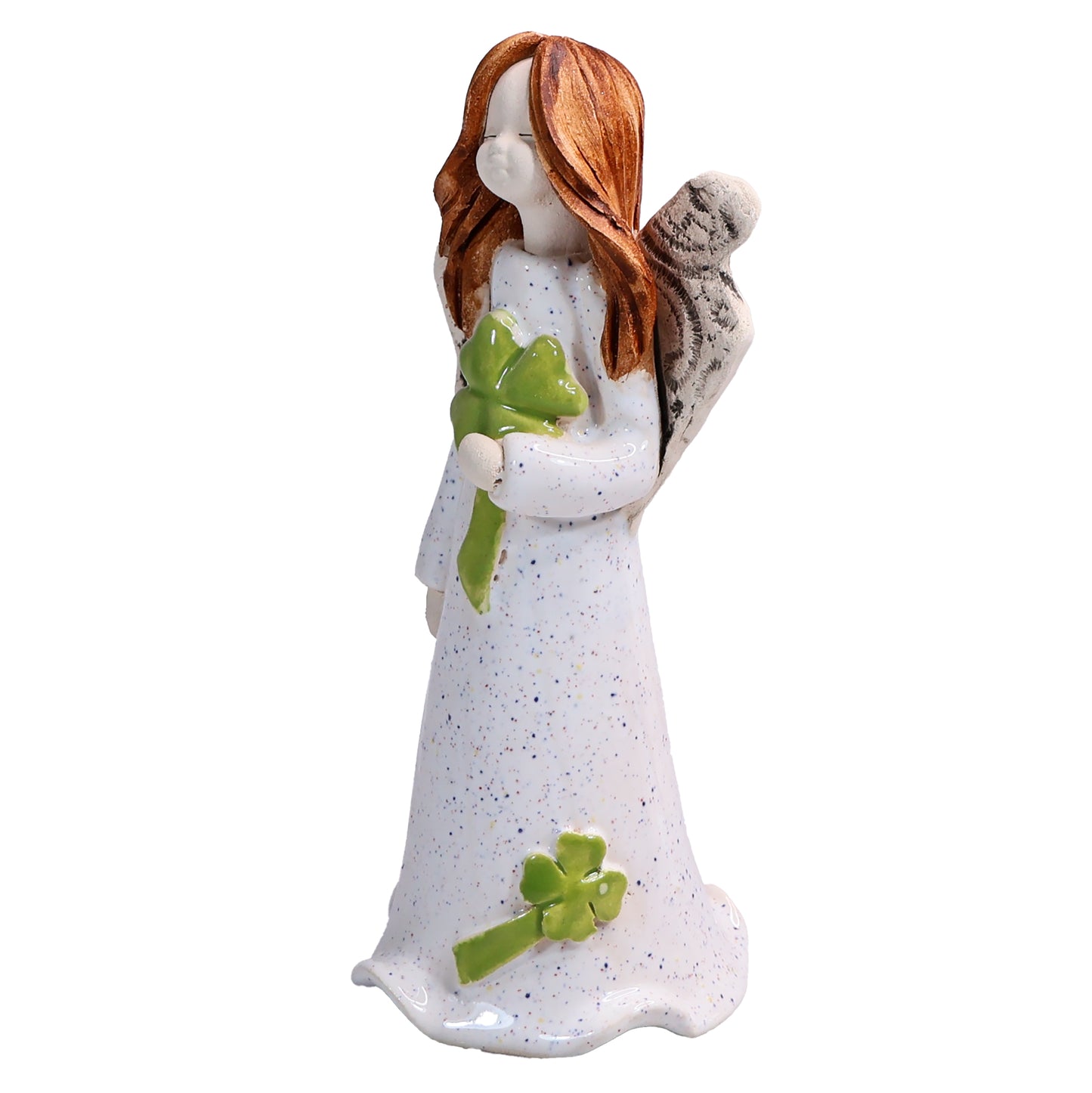 Handmade White Ceramic Angel holding Green Lucky Four Leaf Clover