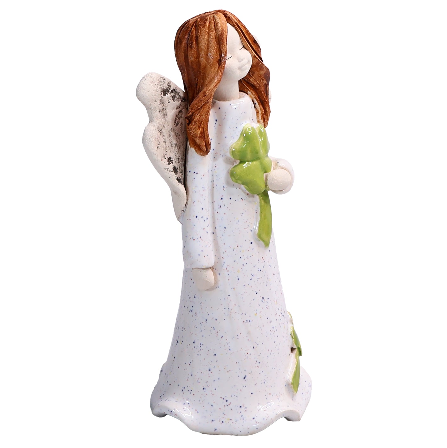 Handmade White Ceramic Angel holding Green Lucky Four Leaf Clover