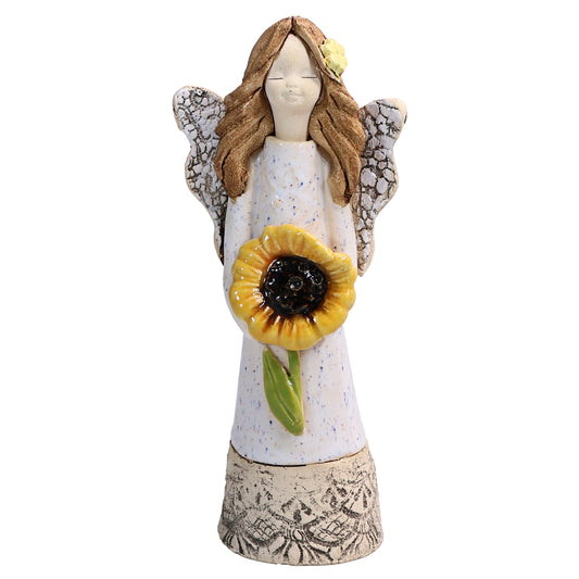 Handmade White Ceramic Angel Holding Sunflower