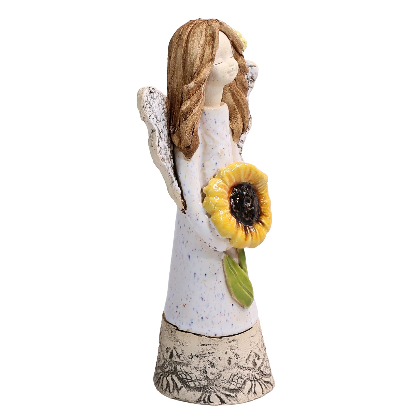 Handmade White Ceramic Angel Holding Sunflower