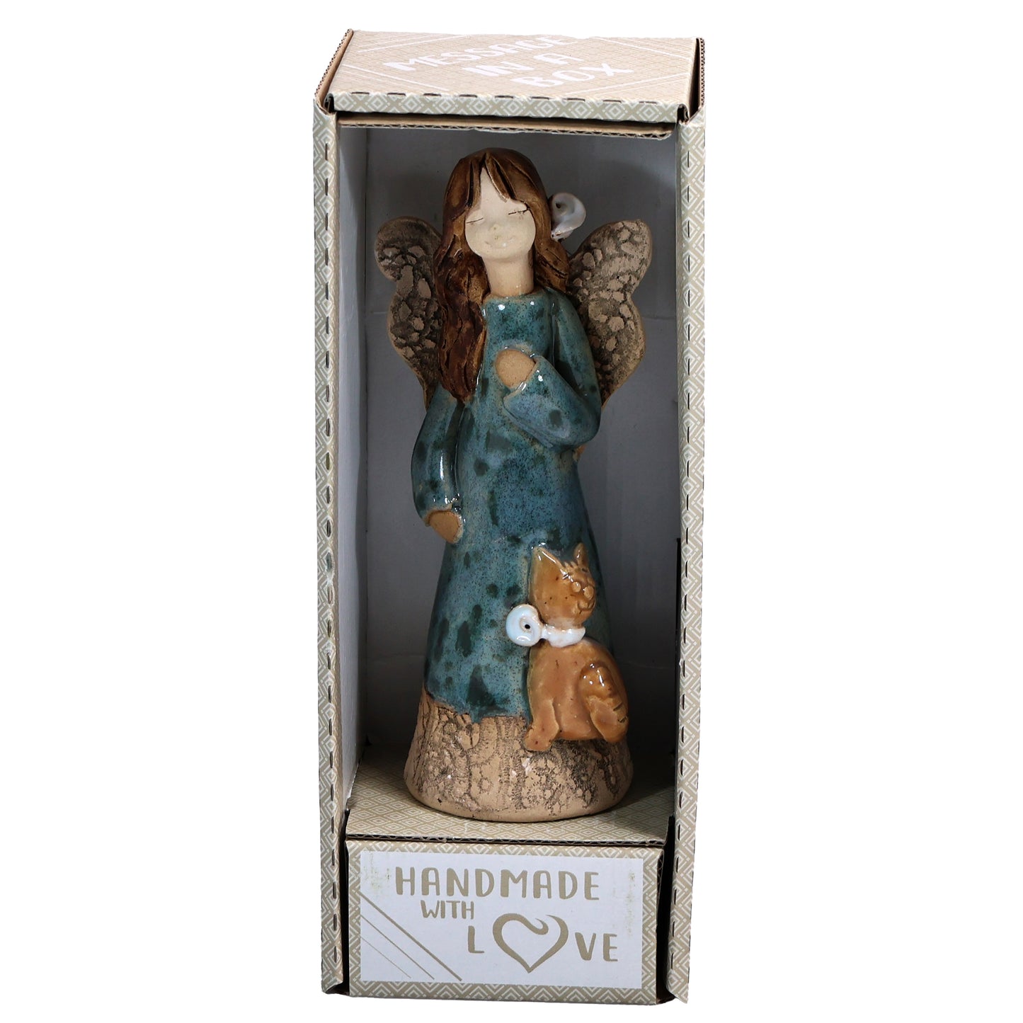Handmade Ceramic Angel with Ginger Cat in Teal