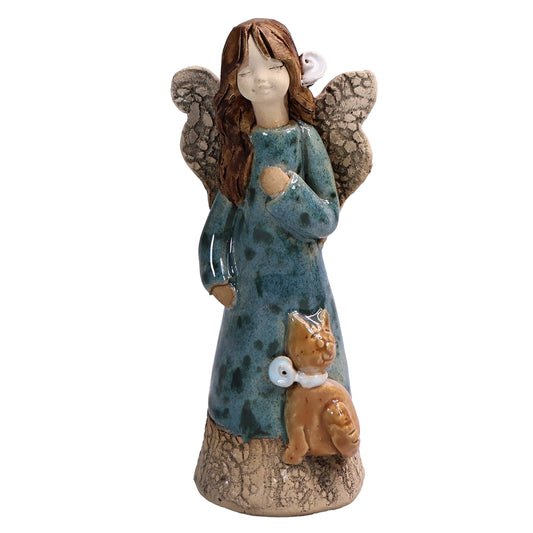 Handmade Ceramic Angel with Ginger Cat in Teal