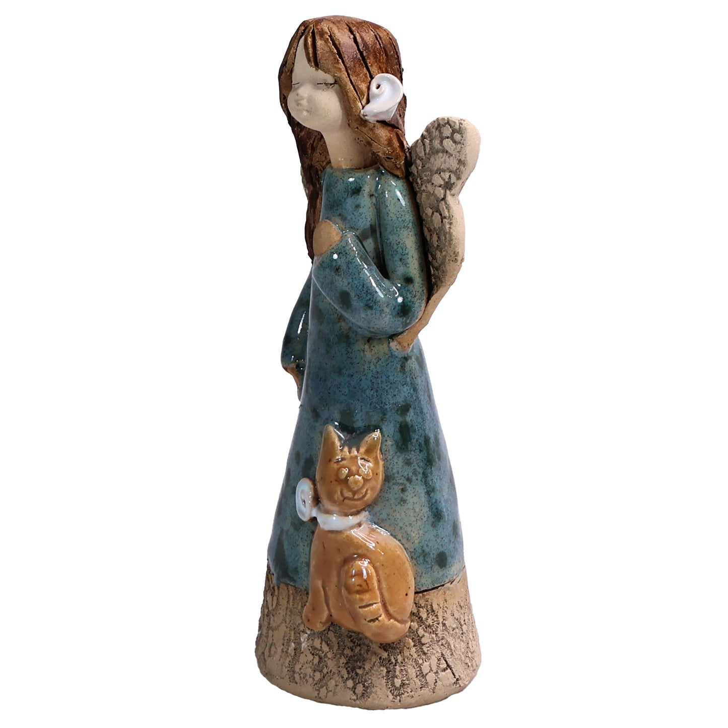 Handmade Ceramic Angel with Ginger Cat in Teal