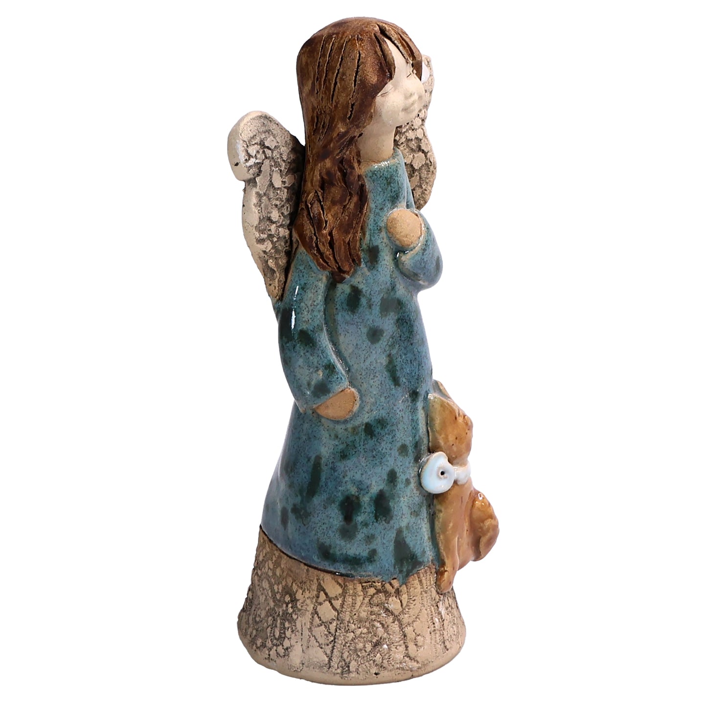 Handmade Ceramic Angel with Ginger Cat in Teal