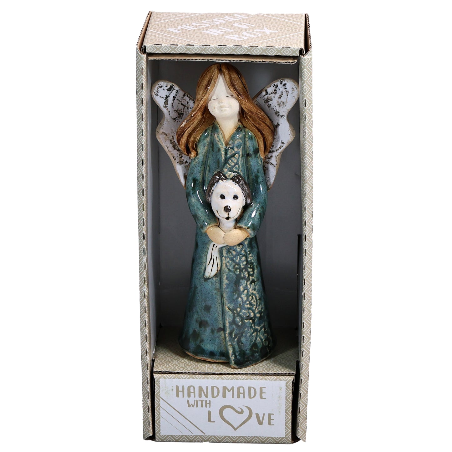 Handmade Teal Ceramic Angel Holding Dog
