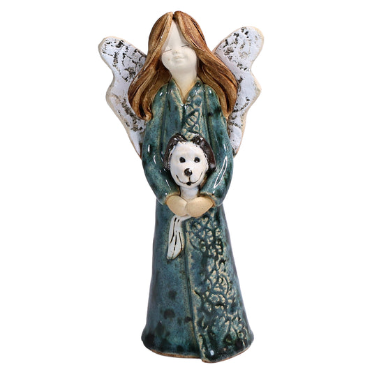 Handmade Teal Ceramic Angel Holding Dog