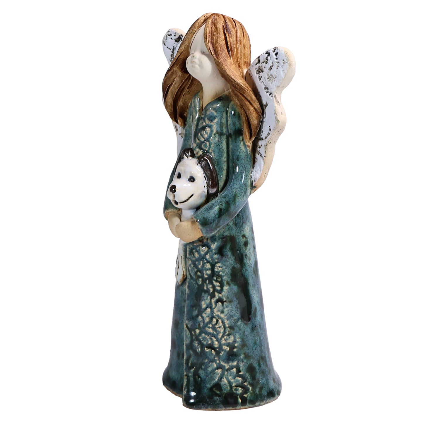 Handmade Teal Ceramic Angel Holding Dog
