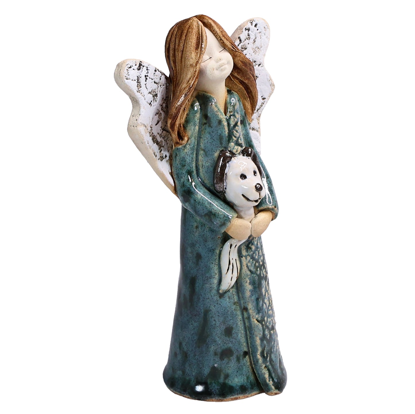 Handmade Teal Ceramic Angel Holding Dog