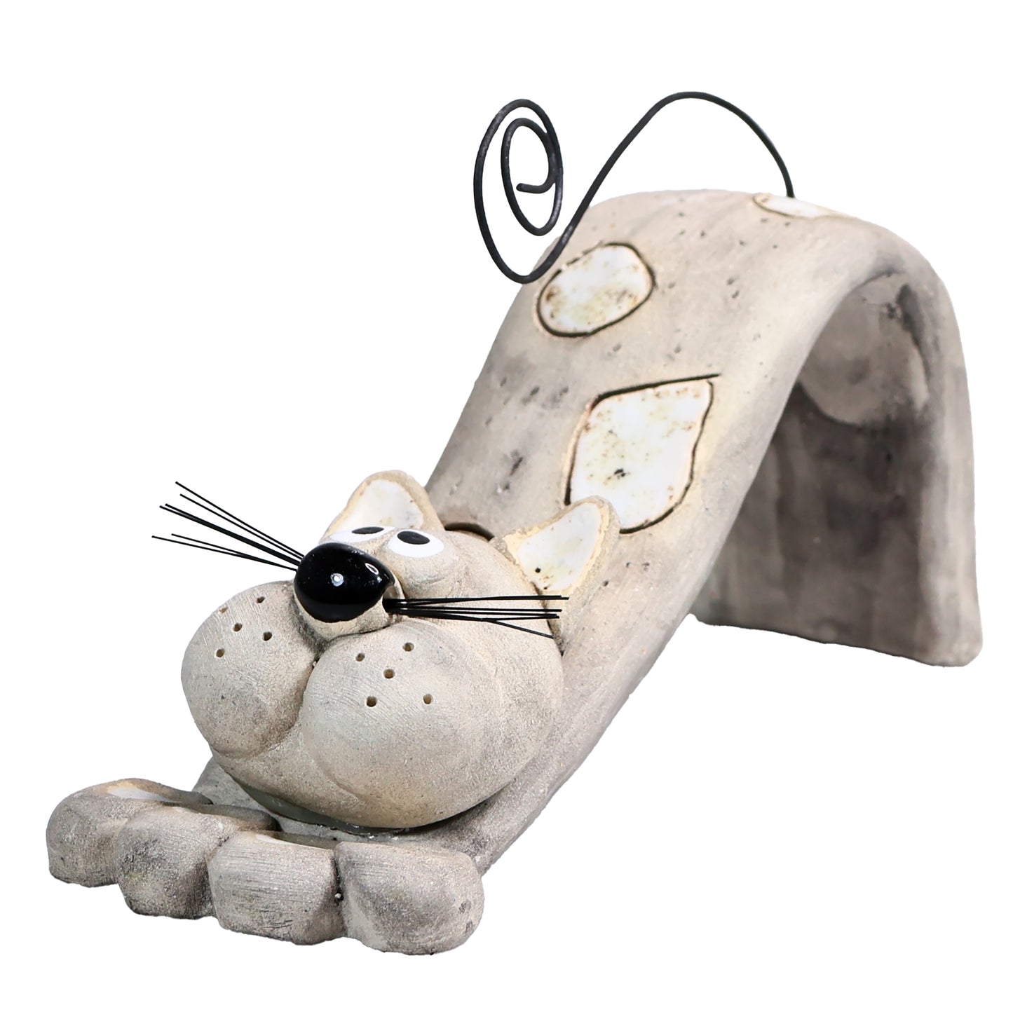 Handmade Ceramic Figurine of Playful Bendy Cat with Wire Tail