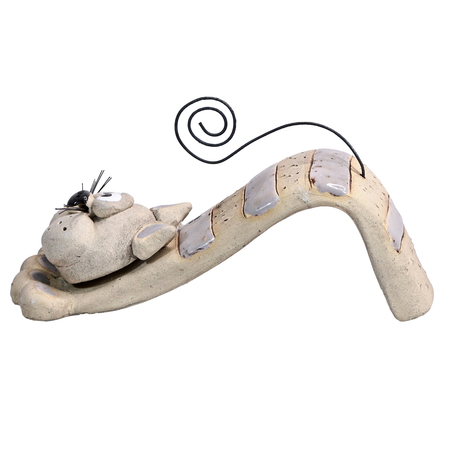 Handmade Ceramic Figurine of Playful Bendy Cat with Wire Tail