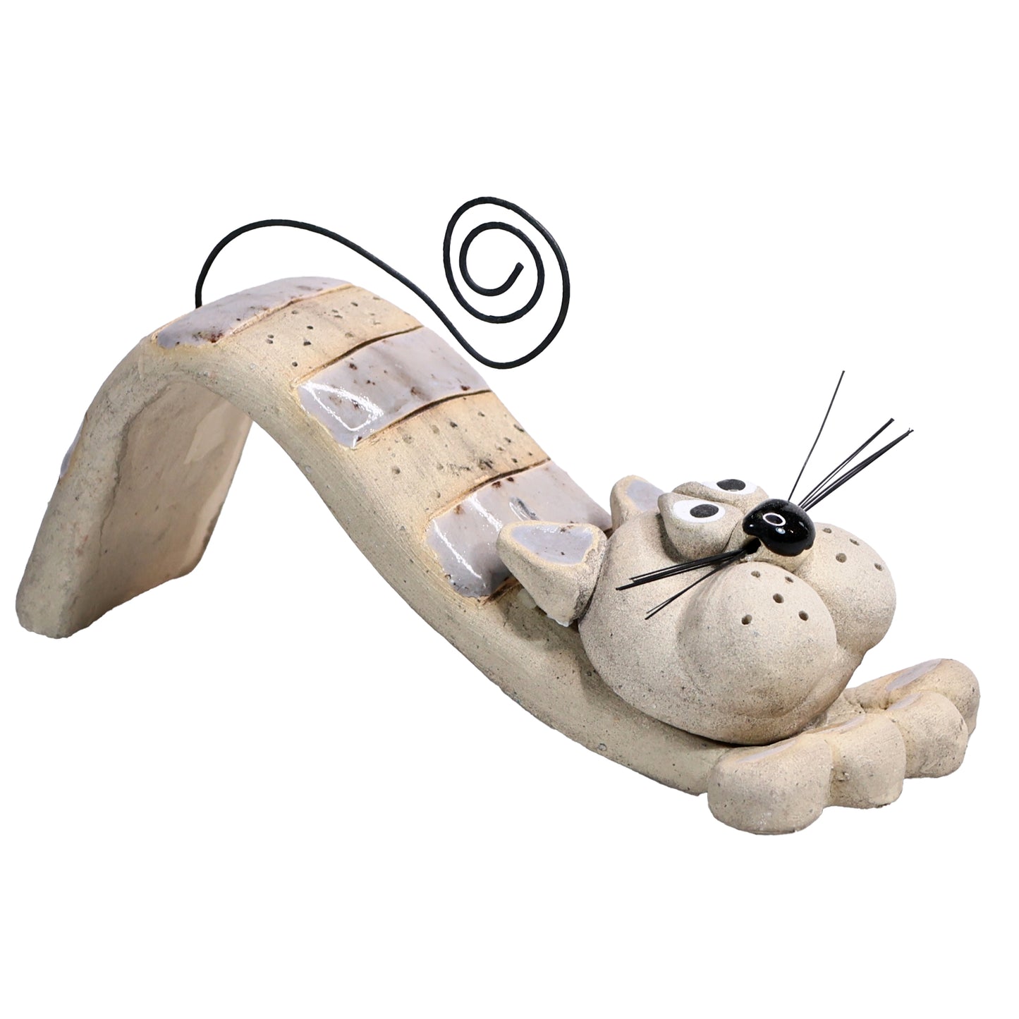 Handmade Ceramic Figurine of Playful Bendy Cat with Wire Tail