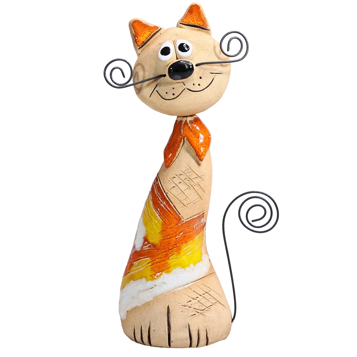 Handmade Ceramic Crazy Cat with Wire Whiskers and Tail