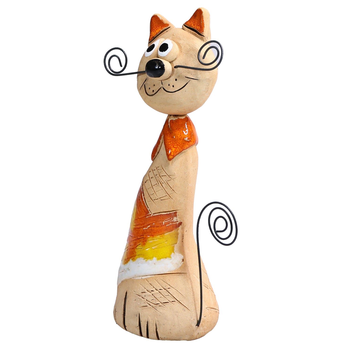 Handmade Ceramic Crazy Cat with Wire Whiskers and Tail