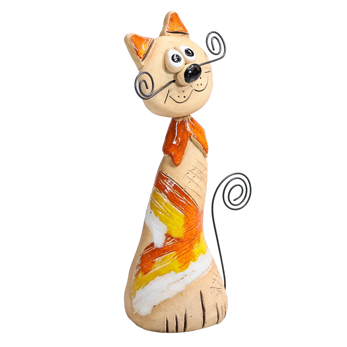Handmade Ceramic Crazy Cat with Wire Whiskers and Tail