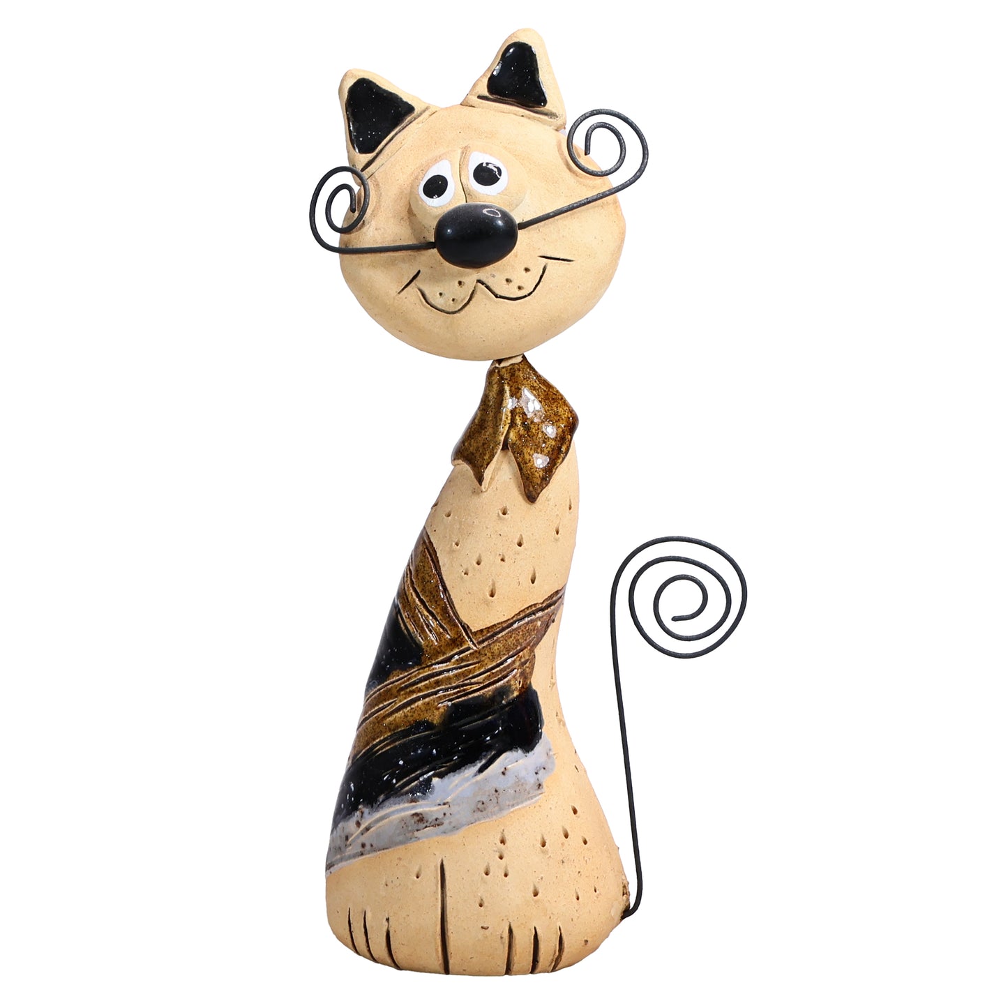 Handmade Ceramic Crazy Cat with Wire Whiskers and Tail