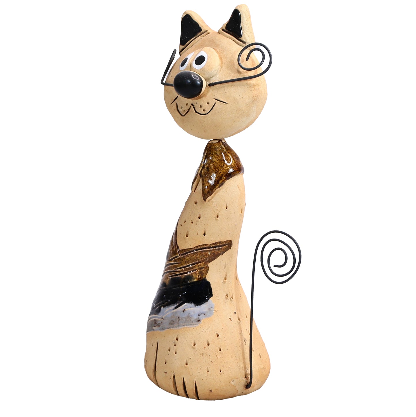Handmade Ceramic Crazy Cat with Wire Whiskers and Tail
