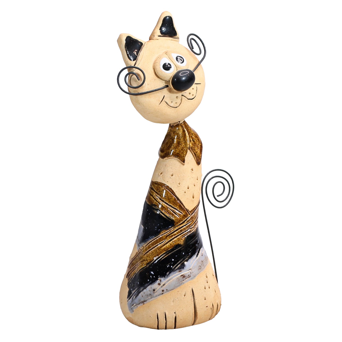 Handmade Ceramic Crazy Cat with Wire Whiskers and Tail