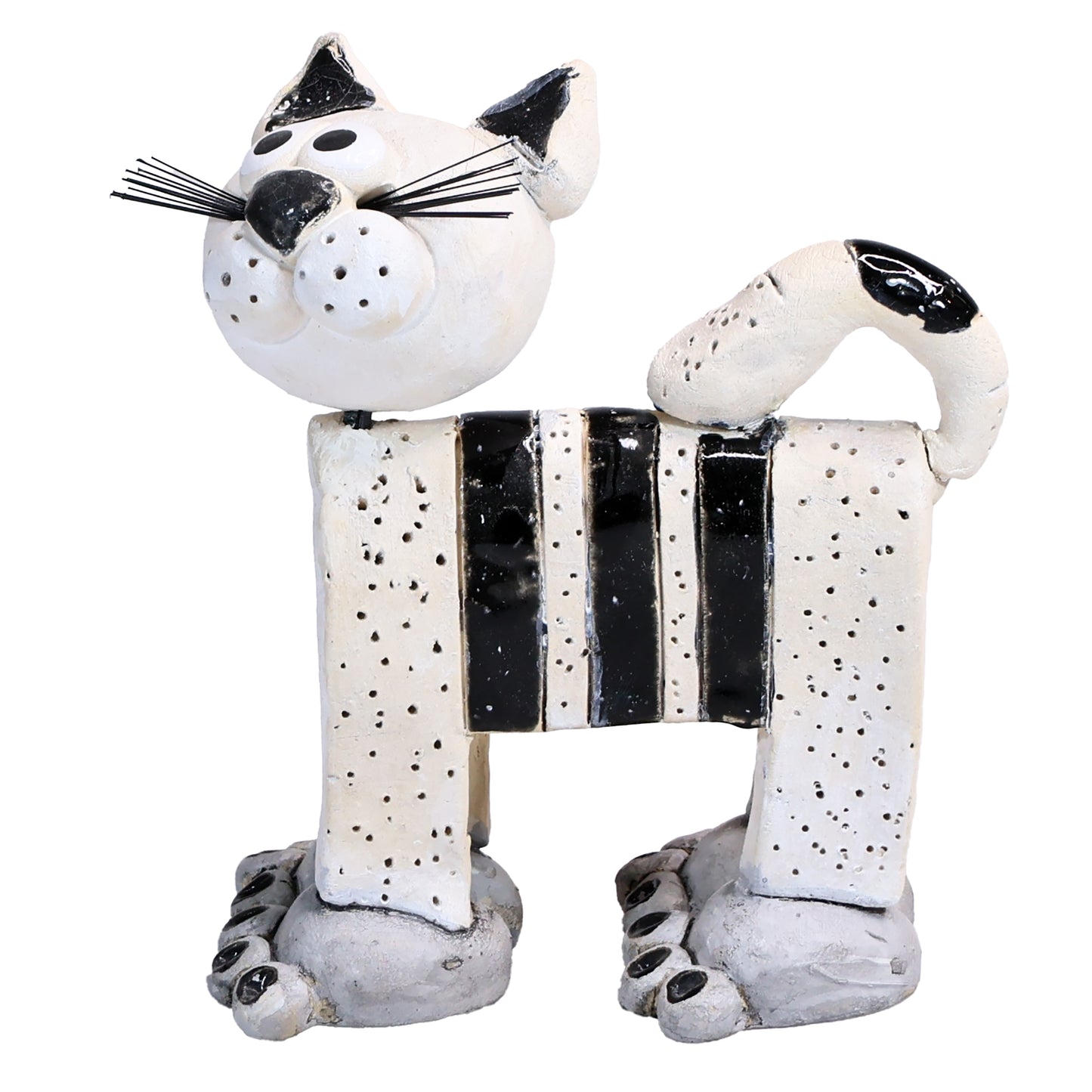 Handmade Ceramic Stripey Cat with Wire Whiskers in Various Colours