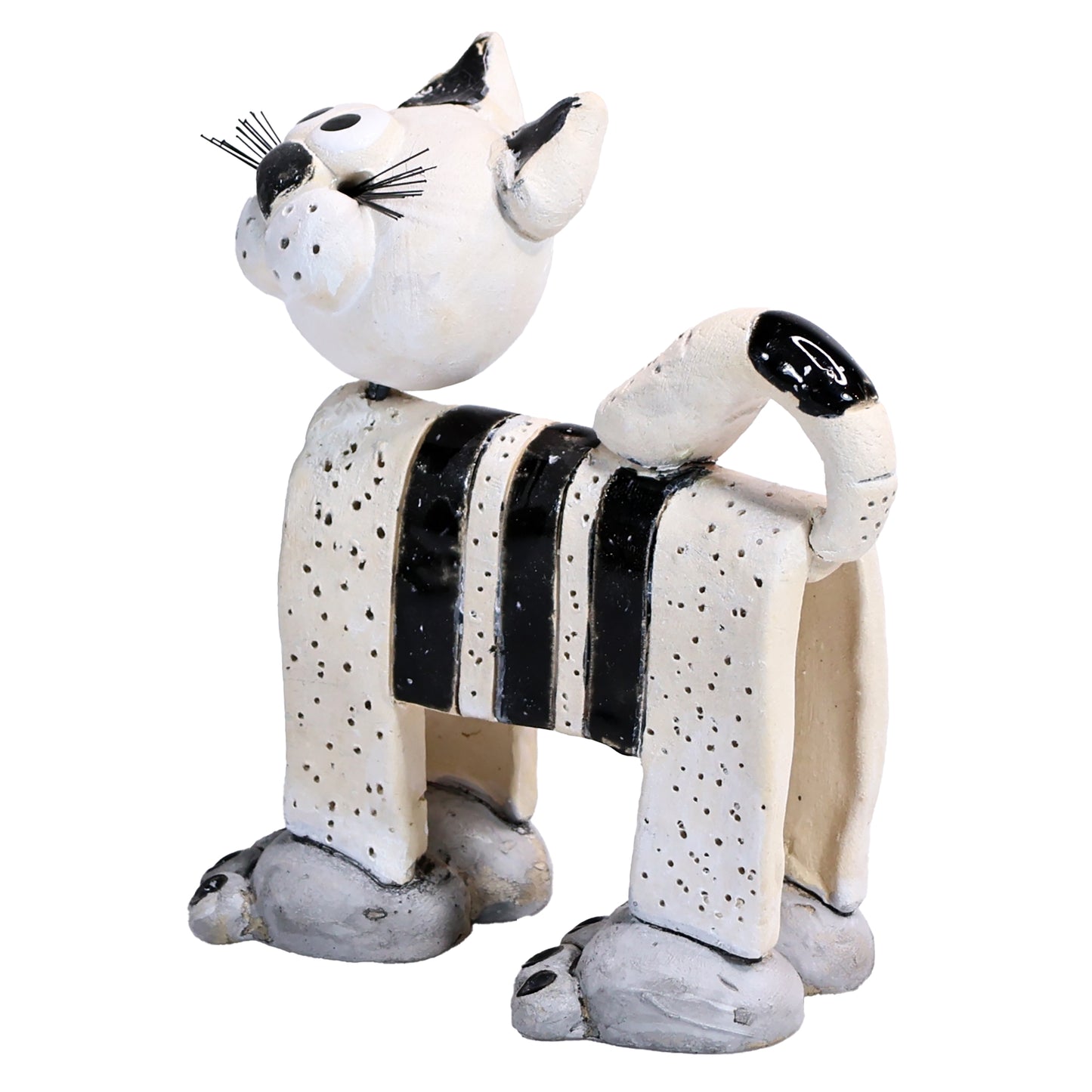 Handmade Ceramic Stripey Cat with Wire Whiskers in Various Colours