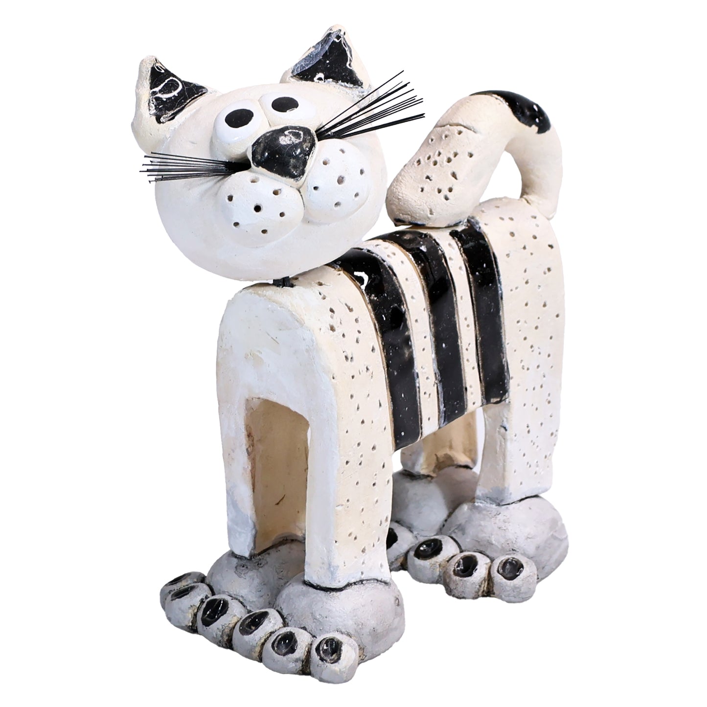 Handmade Ceramic Stripey Cat with Wire Whiskers in Various Colours