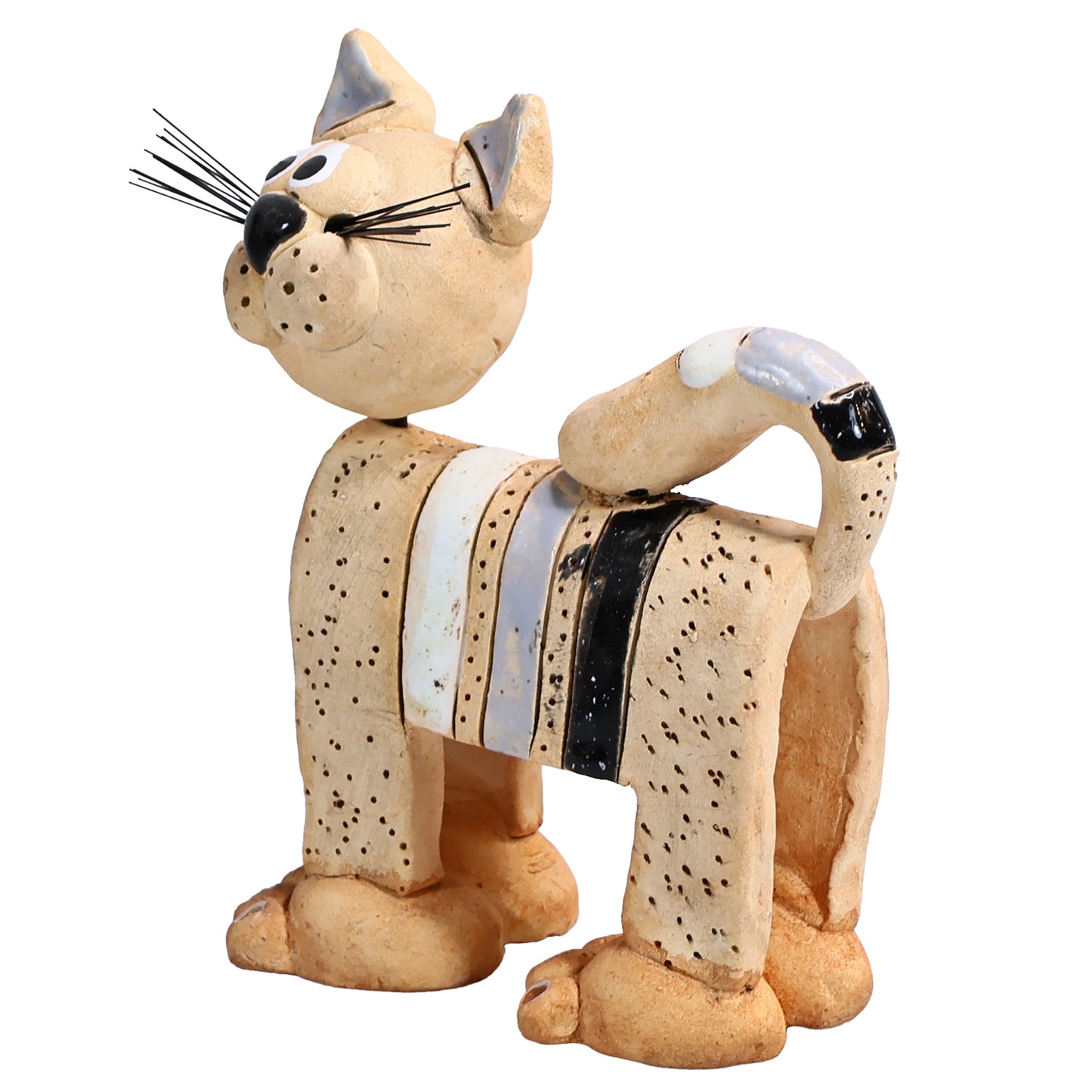 Handmade Ceramic Stripey Cat with Wire Whiskers in Various Colours