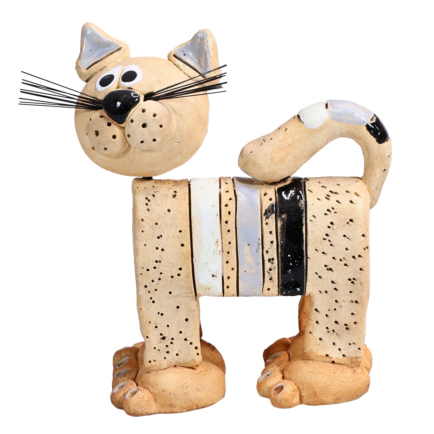 Handmade Ceramic Stripey Cat with Wire Whiskers in Various Colours