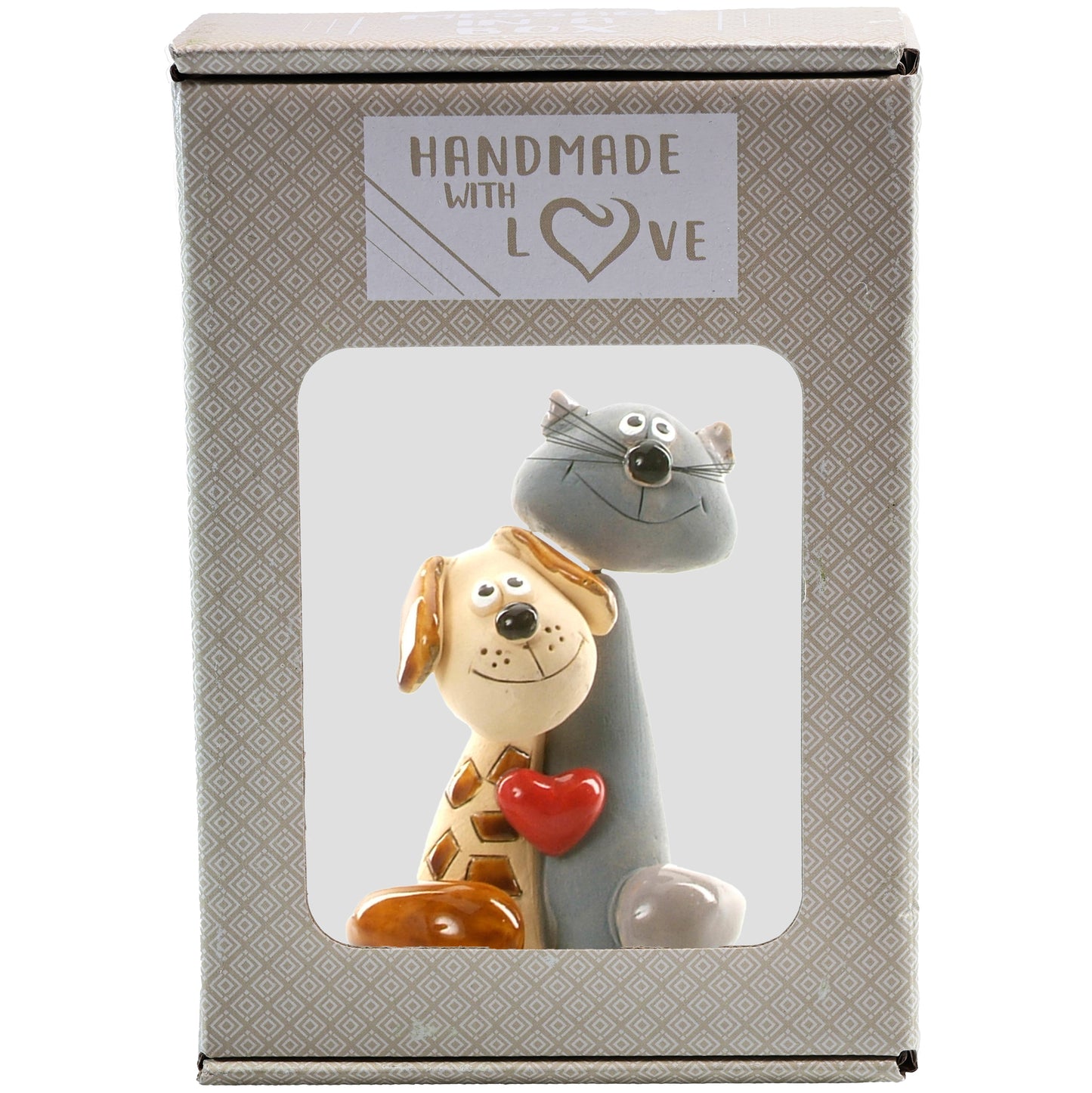 Handmade Ceramic Brown Spotty Dog & Grey Cat Couple with Red Heart