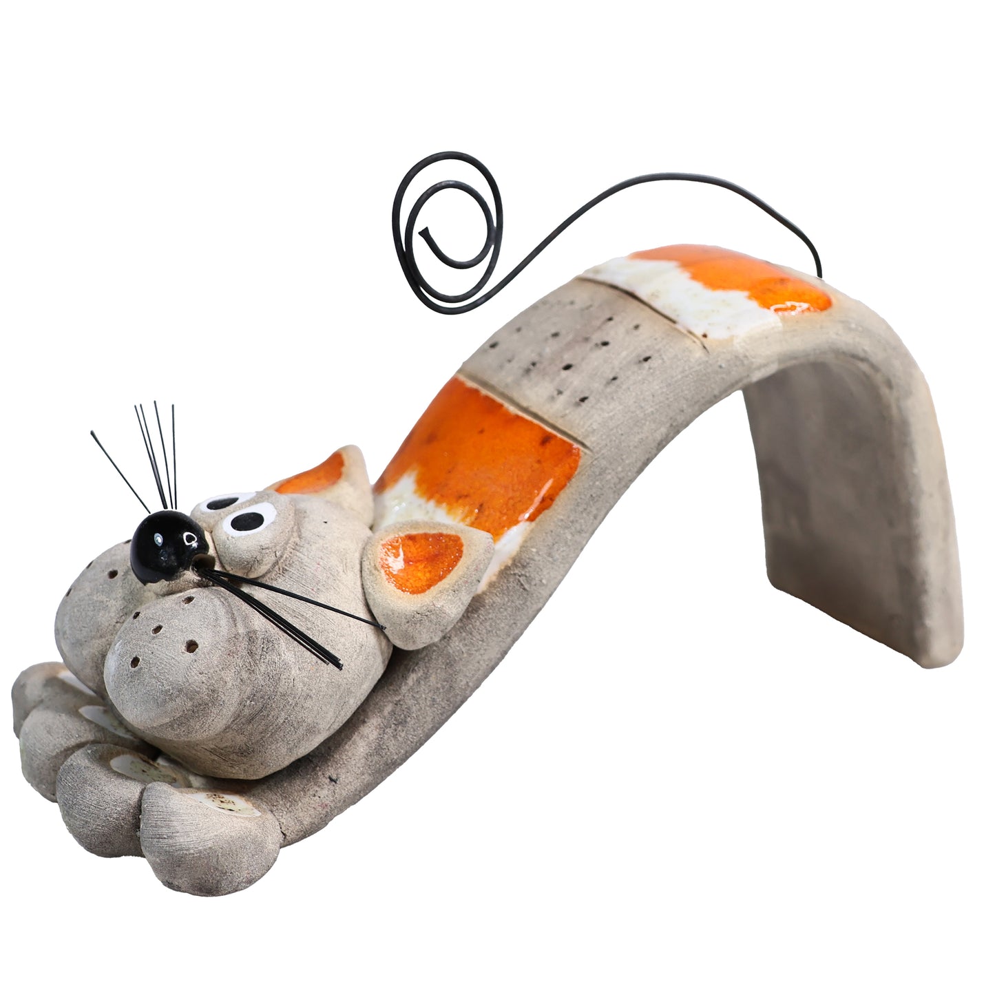 Handmade Ceramic Figurine of Playful Bendy Cat with Wire Tail
