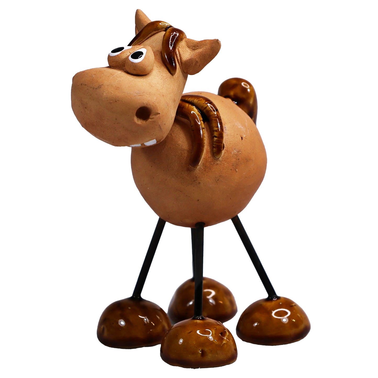 Handmade Laughing Brown Ceramic Wire Leg Horse