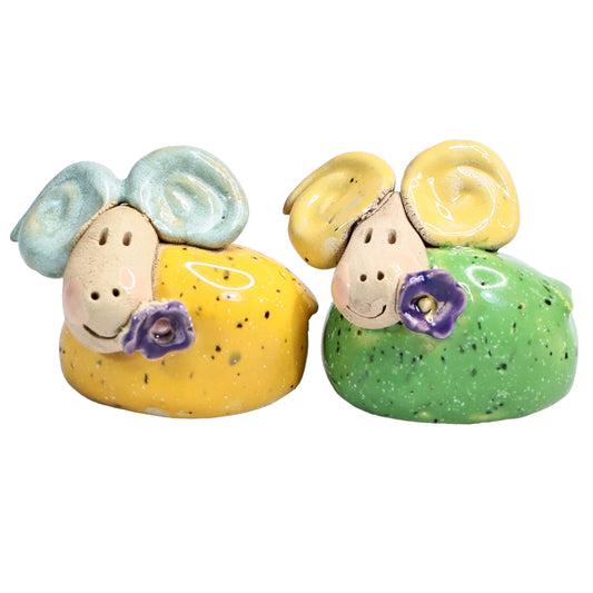 Handmade Ceramic Mini Yellow & Green Smiling Ram Couple with Flower in Mouth