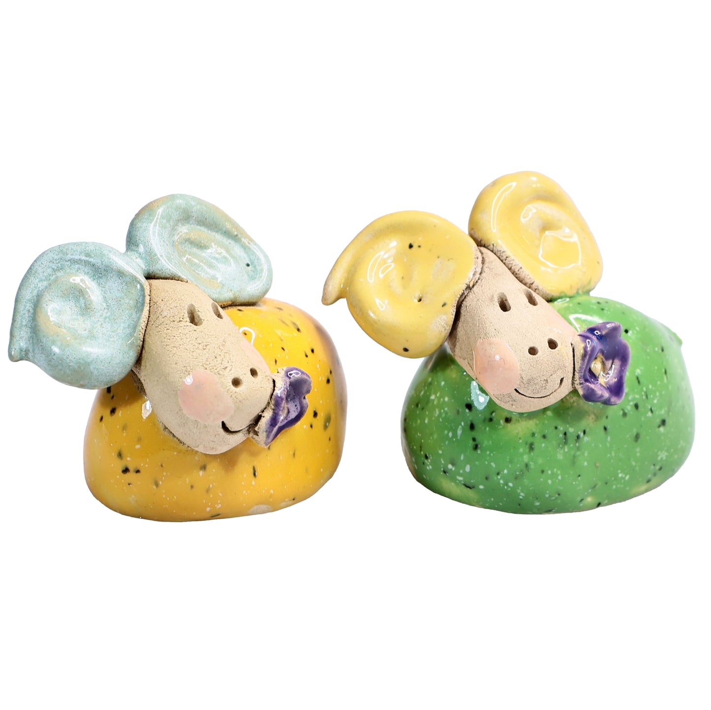 Handmade Ceramic Mini Yellow & Green Smiling Ram Couple with Flower in Mouth