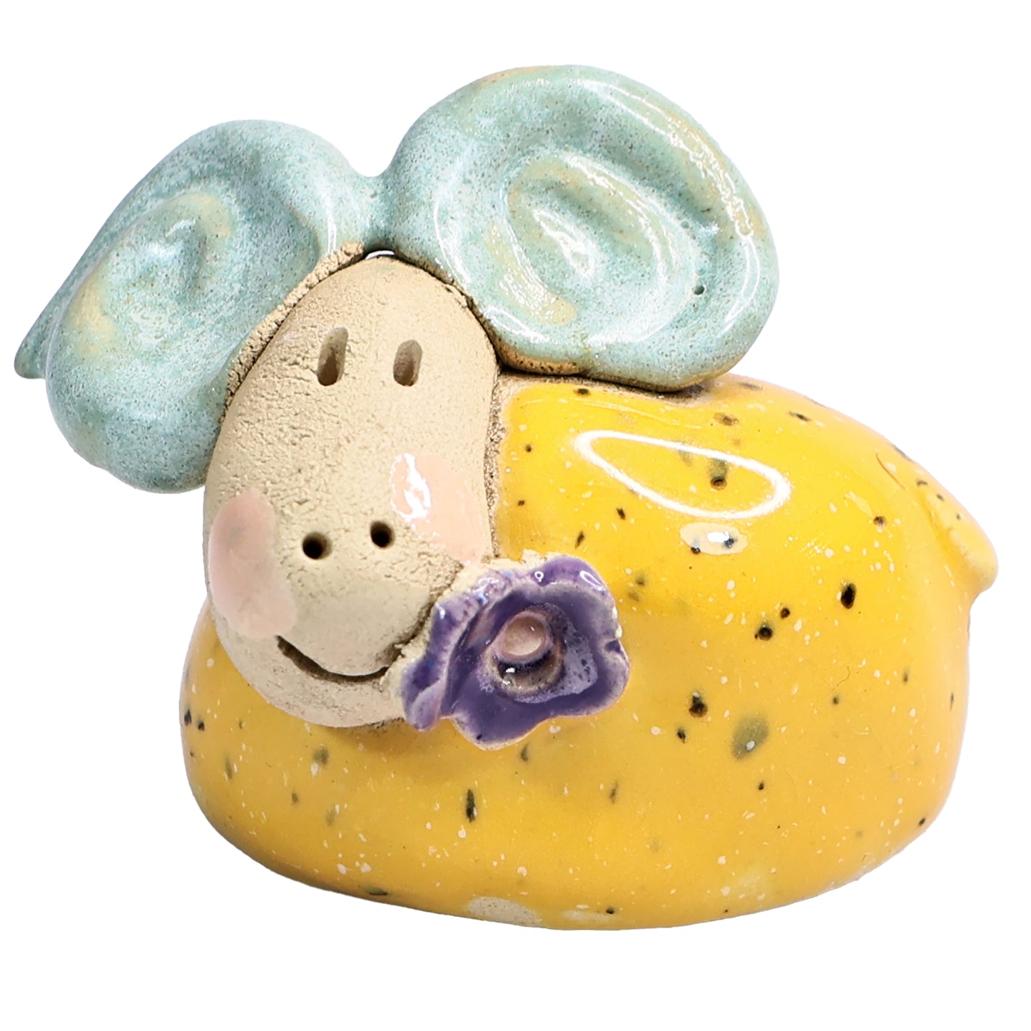 Handmade Ceramic Mini Yellow & Green Smiling Ram Couple with Flower in Mouth