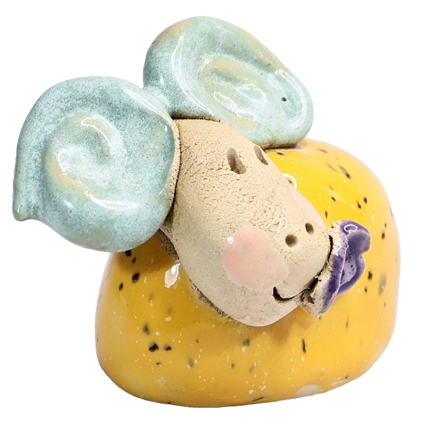 Handmade Ceramic Mini Yellow & Green Smiling Ram Couple with Flower in Mouth