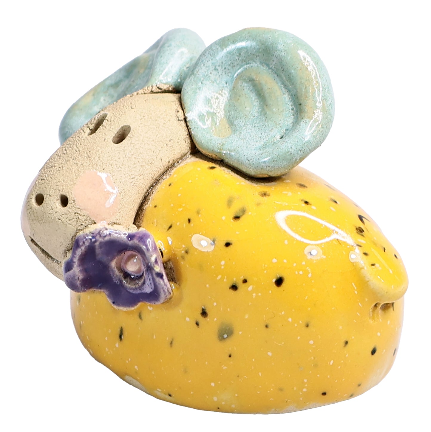 Handmade Ceramic Mini Yellow & Green Smiling Ram Couple with Flower in Mouth