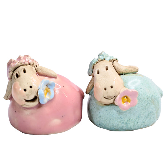 Handmade Ceramic Colourful Mini Sheep Couple with Flower