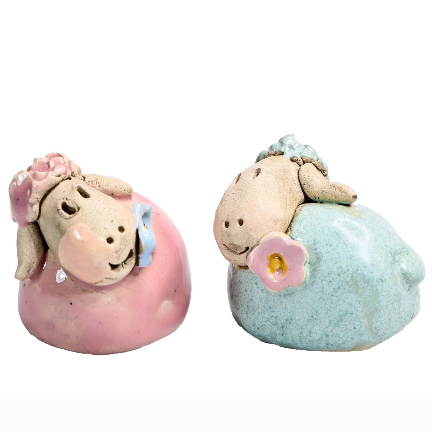 Handmade Ceramic Colourful Mini Sheep Couple with Flower