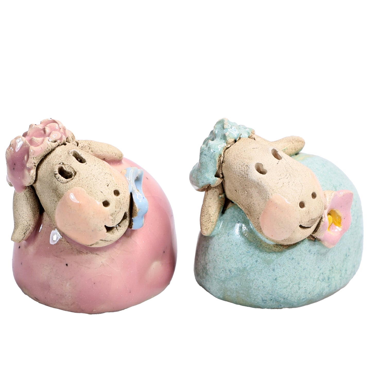 Handmade Ceramic Colourful Mini Sheep Couple with Flower