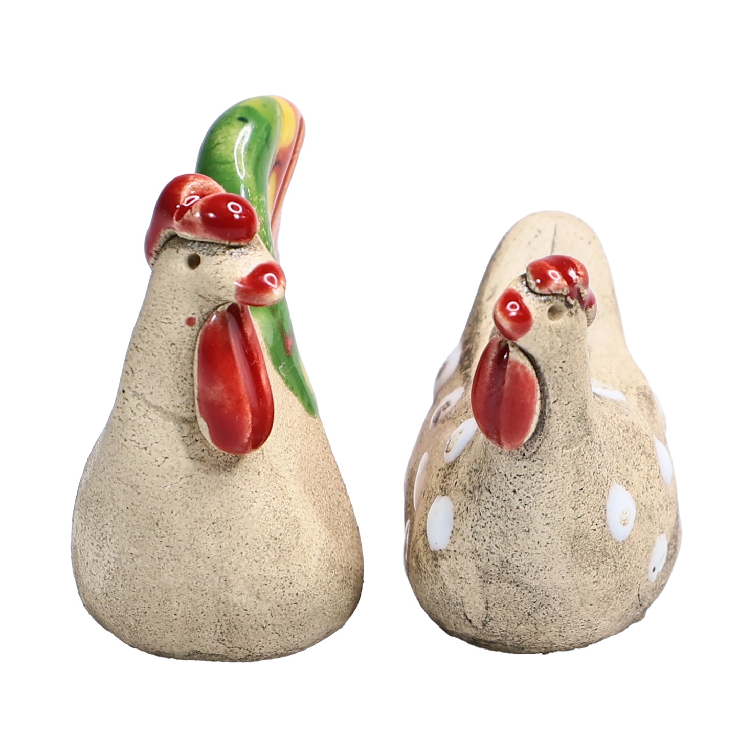 Handmade Ceramic Mini Chicken Couple, Colourful and Spotty