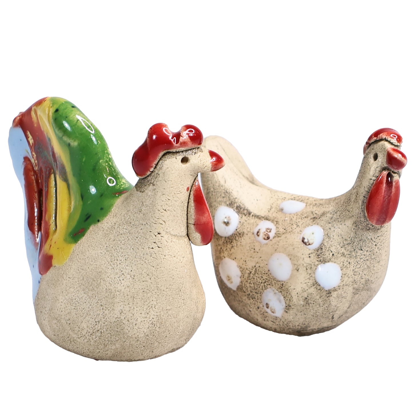 Handmade Ceramic Mini Chicken Couple, Colourful and Spotty