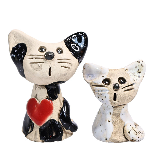 Handmade Ceramic Cat Couple, Black with Heart and White