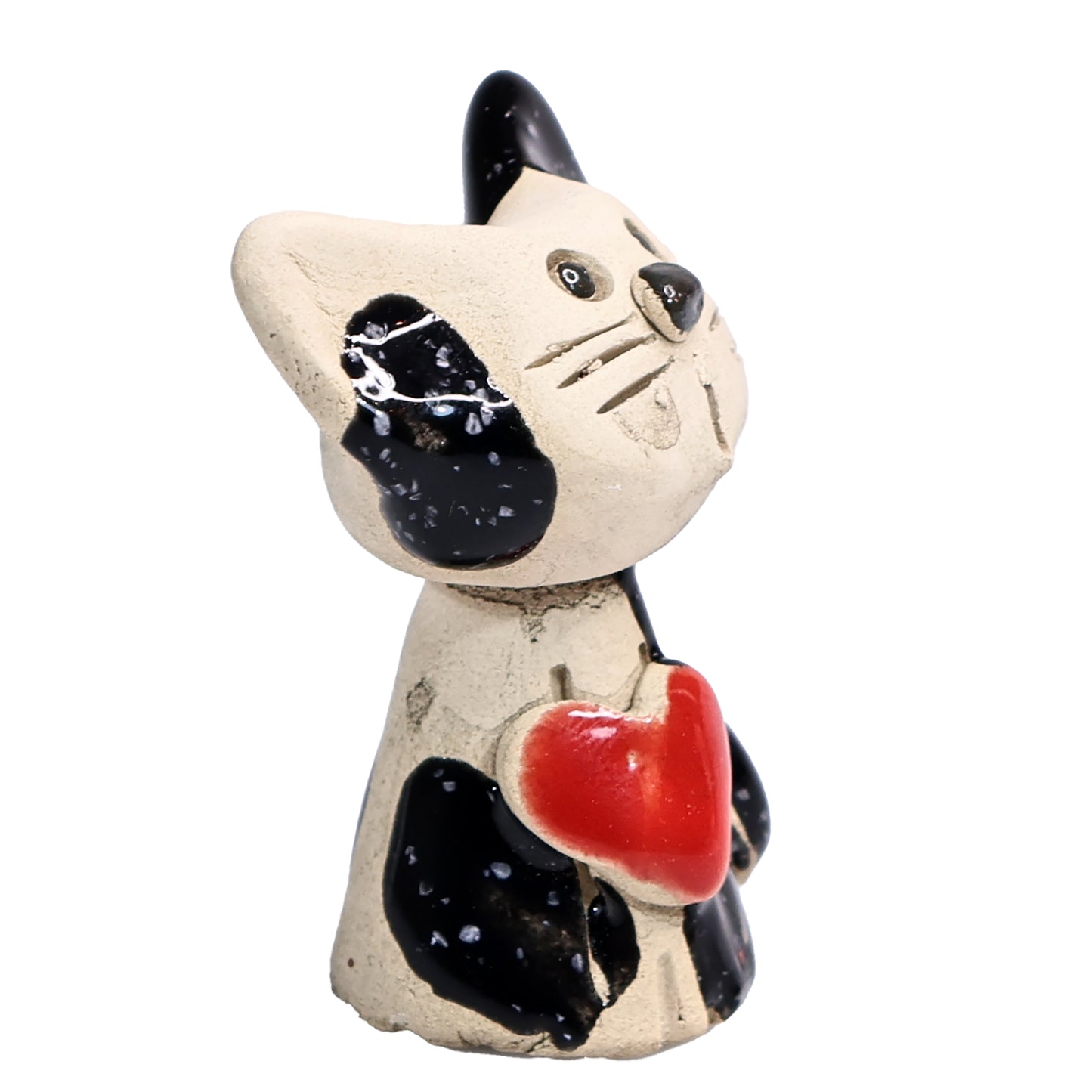 Handmade Ceramic Cat Couple, Black with Heart and White