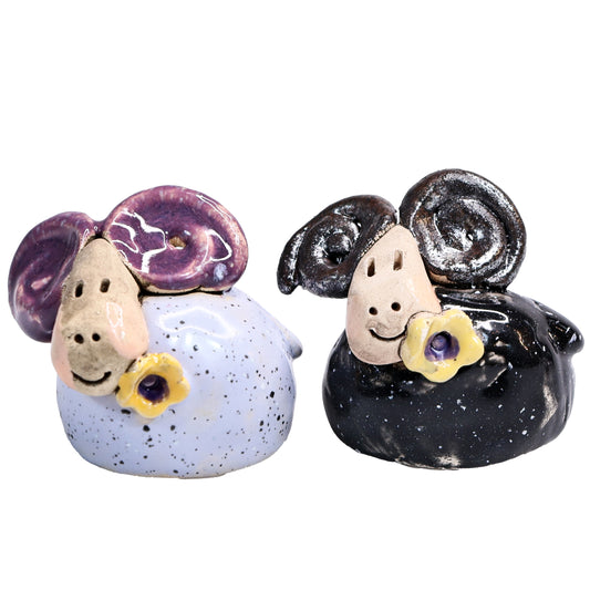 Handmade Ceramic Ram Couple with Horns & Flowers in Black & Lilac